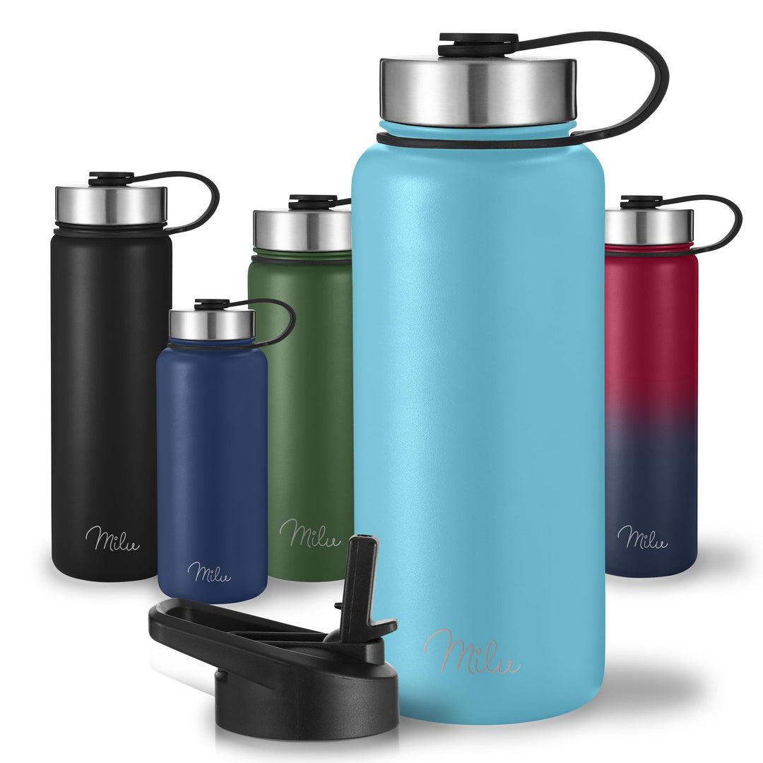 Milu Edelstahl Trinkflasche 500ml 750ml 1000ml (+3 Deckel) - Thermosflasche mit Strohhalm, Isolierte