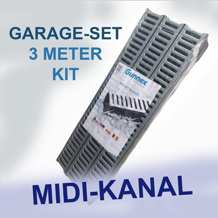 Entwässerungsrinne STAHL A15 Garage-Set 3 Meter Kit Midi-Kanal Rinne DAKOTA GUNNEX (3m), 3m