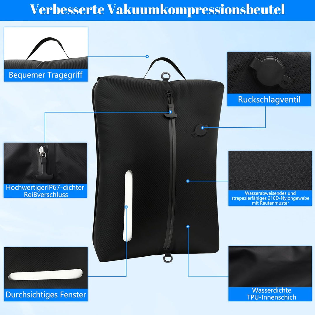 Vakuumbeutel für Kleidung Reise, 44L Wiederverwendbar TPU Vacuum Bags mit Luftdichtem, IP67 Wasserdi