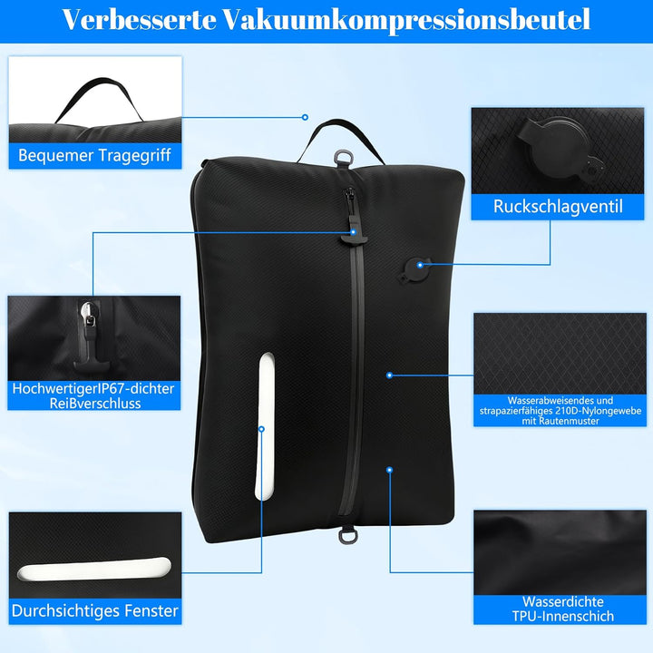 Vakuumbeutel für Kleidung Reise, 44L Wiederverwendbar TPU Vacuum Bags mit Luftdichtem, IP67 Wasserdi