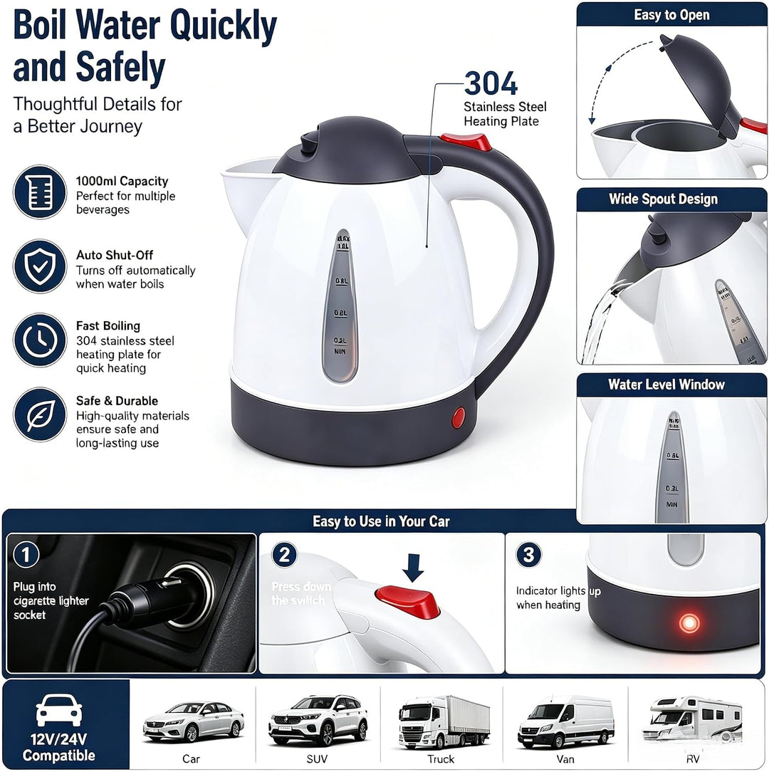 Auto Wasserkocher 1L Tragbare Reisekocher für Auto Reisen Camping mit automatischer Abschaltung (24V
