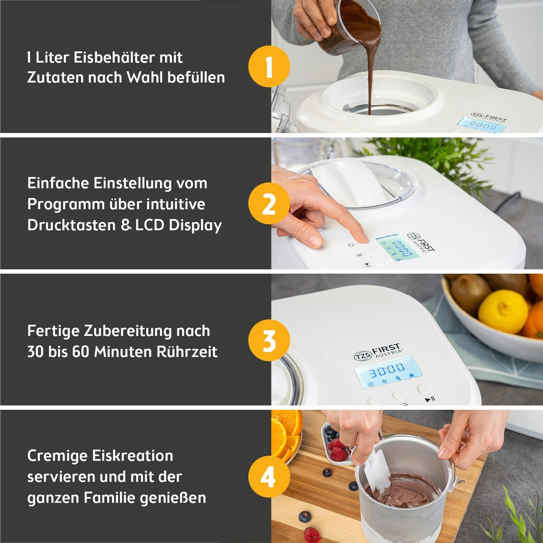 TZS First Austria Eismaschine & Joghurtbereiter | Ice Cream Maker selbstkühlend mit Kompressor und e