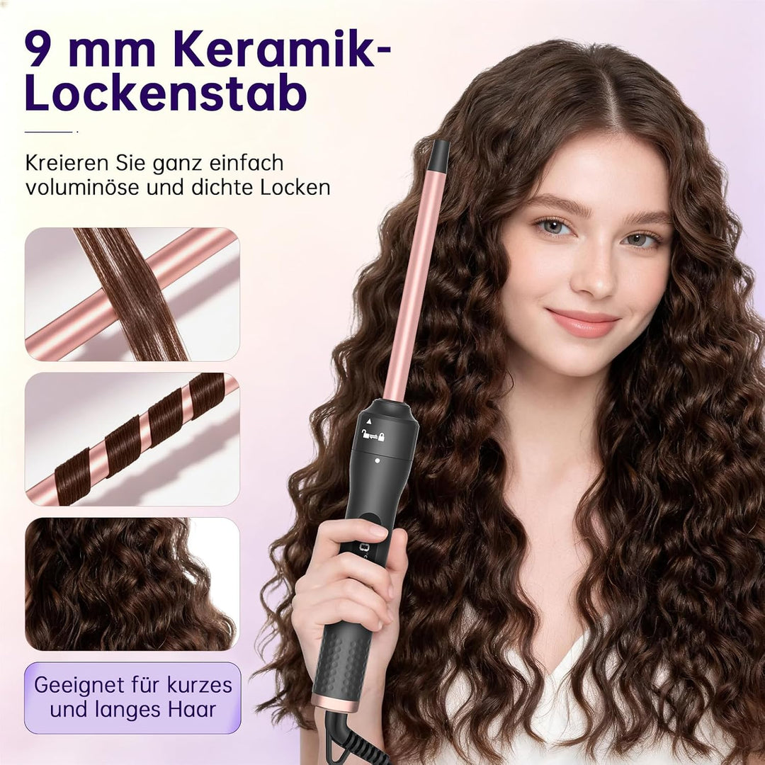 Lockenstab Set, 30s Schnellaufheizung, 13 Temperaturstufen 100-230°C (9 mm) | 360° drehbares Anti-Ta