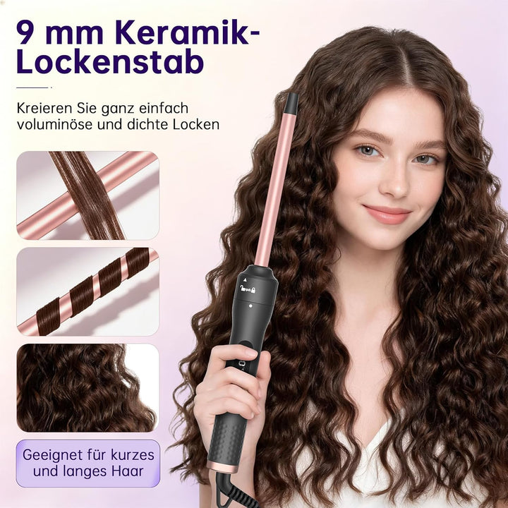 Lockenstab Set, 30s Schnellaufheizung, 13 Temperaturstufen 100-230°C (9 mm) | 360° drehbares Anti-Ta