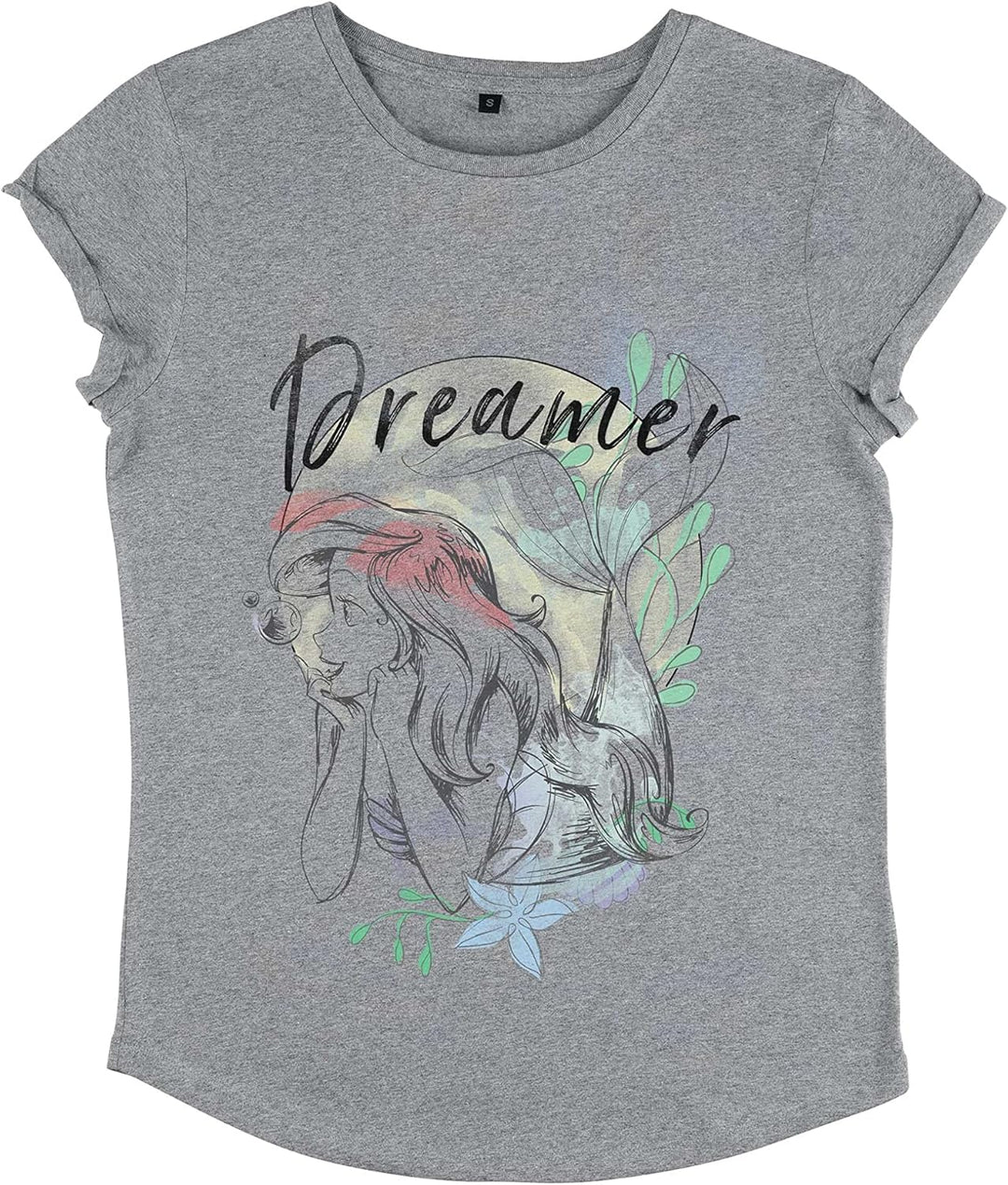 Disney Damen The Little Mermaid Dreamer Women's Organic Rolled Sleeve T-shirt XL Melange Grey, XL Me
