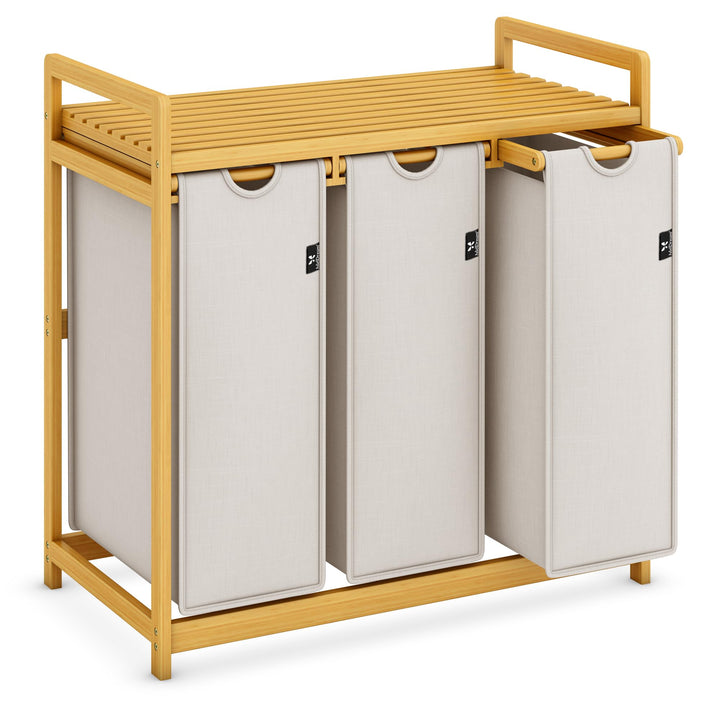 AdelDream Wäschekorb mit Bambusrahmen 150L 3 Fächer Bambus Wäschesammler laundry baskets Bogendesign
