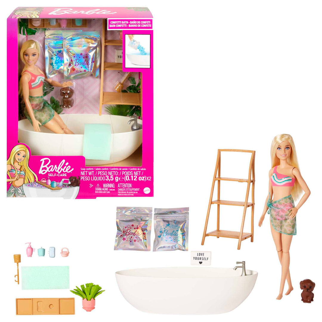 Barbie Self-Care Serie, Konfetti-Bad, Barbie-Puppe mit blonden Haaren, Badeanzug, Welpe,2 Konfetti-S