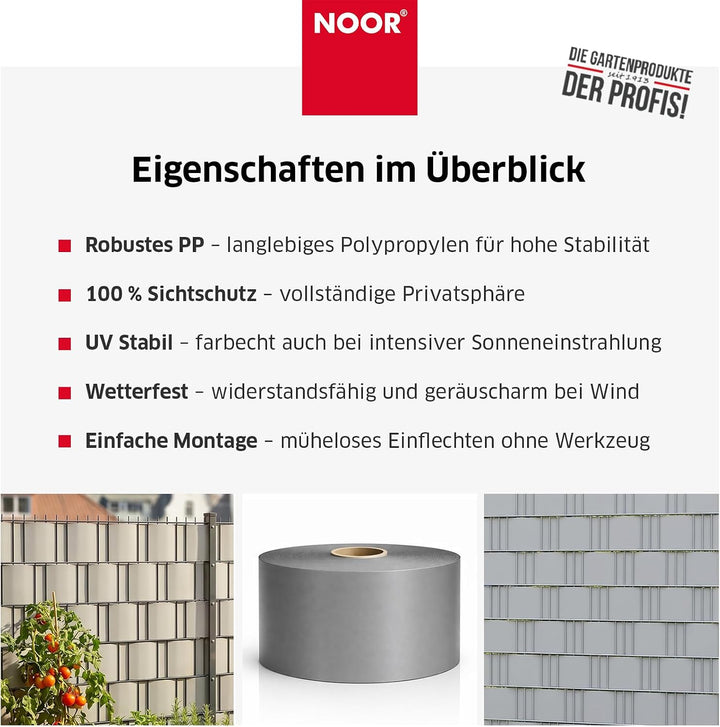 NOOR Zaunblende PP PRO 650 g/m2 Hellgrau I 0,19 x 35 m I Der ideale Sichtschutz für Ihren Doppelstab