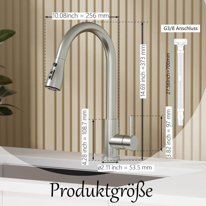 Wasserhahn Küche, SEMANEY Hochdruck Küchenarmatur mit 3 Funktionen Brause Ausziehbar, Hohe Bogen Arm