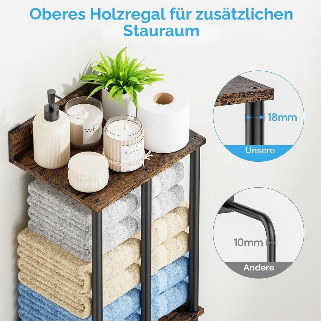 Wandmontierter Handtuchhalter mit Holzbrett - Handtuchstange Rustikales Braun & Schwarz - Grosse Kap