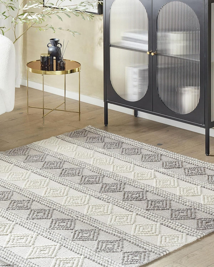 Teppich Wolle beige/grau mit geometrischem Muster quadratisch 200x200 cm Bozova