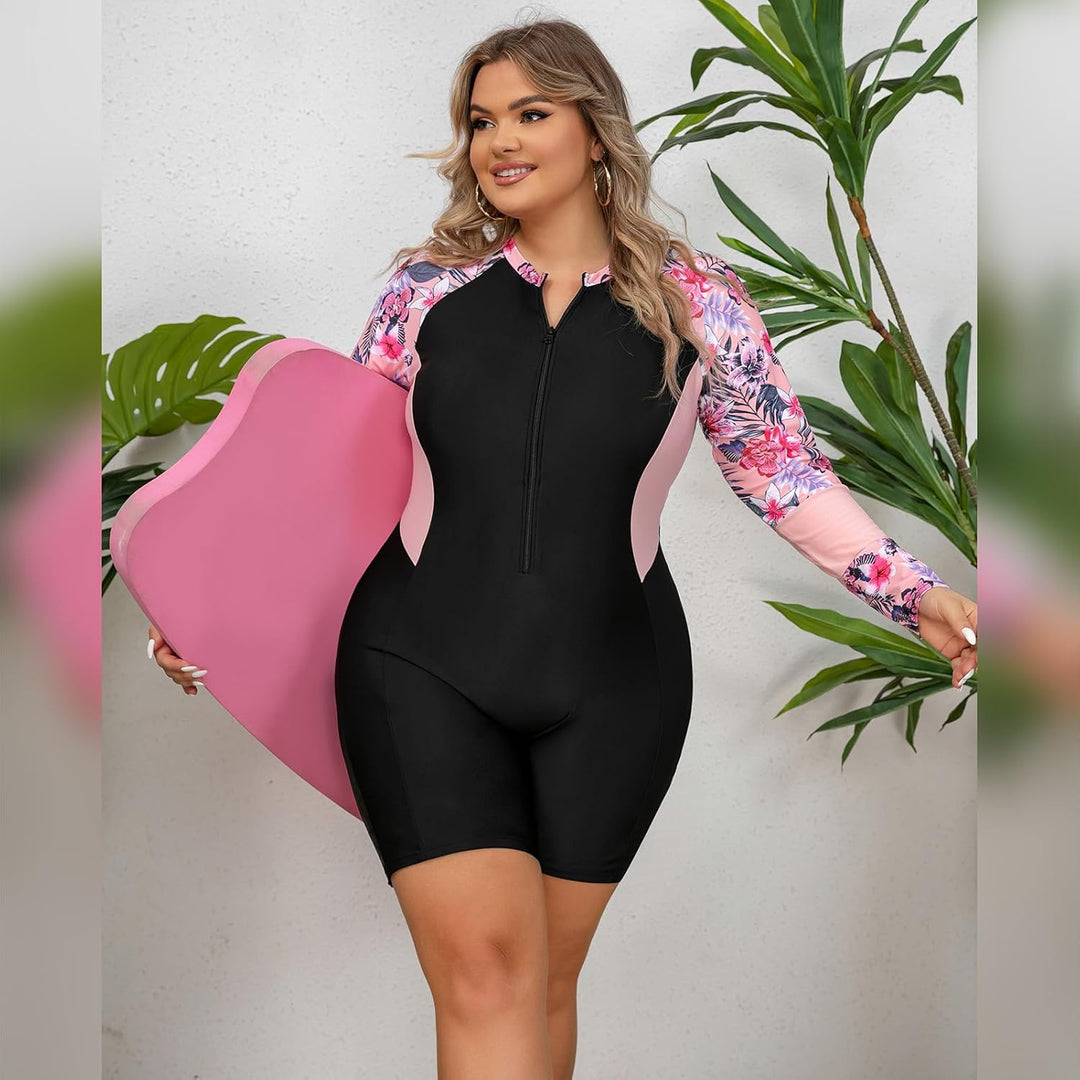 Odizli Badeanzug Damen Grosse Grösse Kurzarm/Ärmellos Blumen Druck Kurz Rashguard Bademode Surfanzug