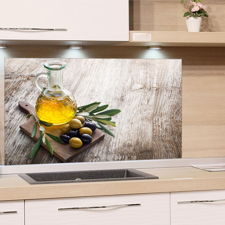 GRAZDesign Spritzschutz Küchenrückwand Glas Küche für Herd & Küchenspüle, Holzoptik mit Oliven | Gla