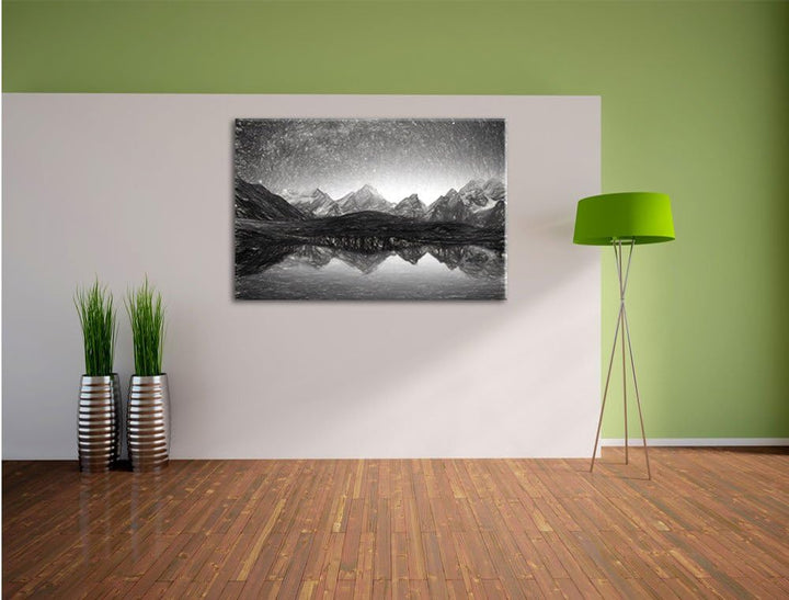Pixxprint Sternenhimmel über dem Gebirge / 100x70cm Leinwandbild bespannt auf Holzrahmen/Wandbild Ku