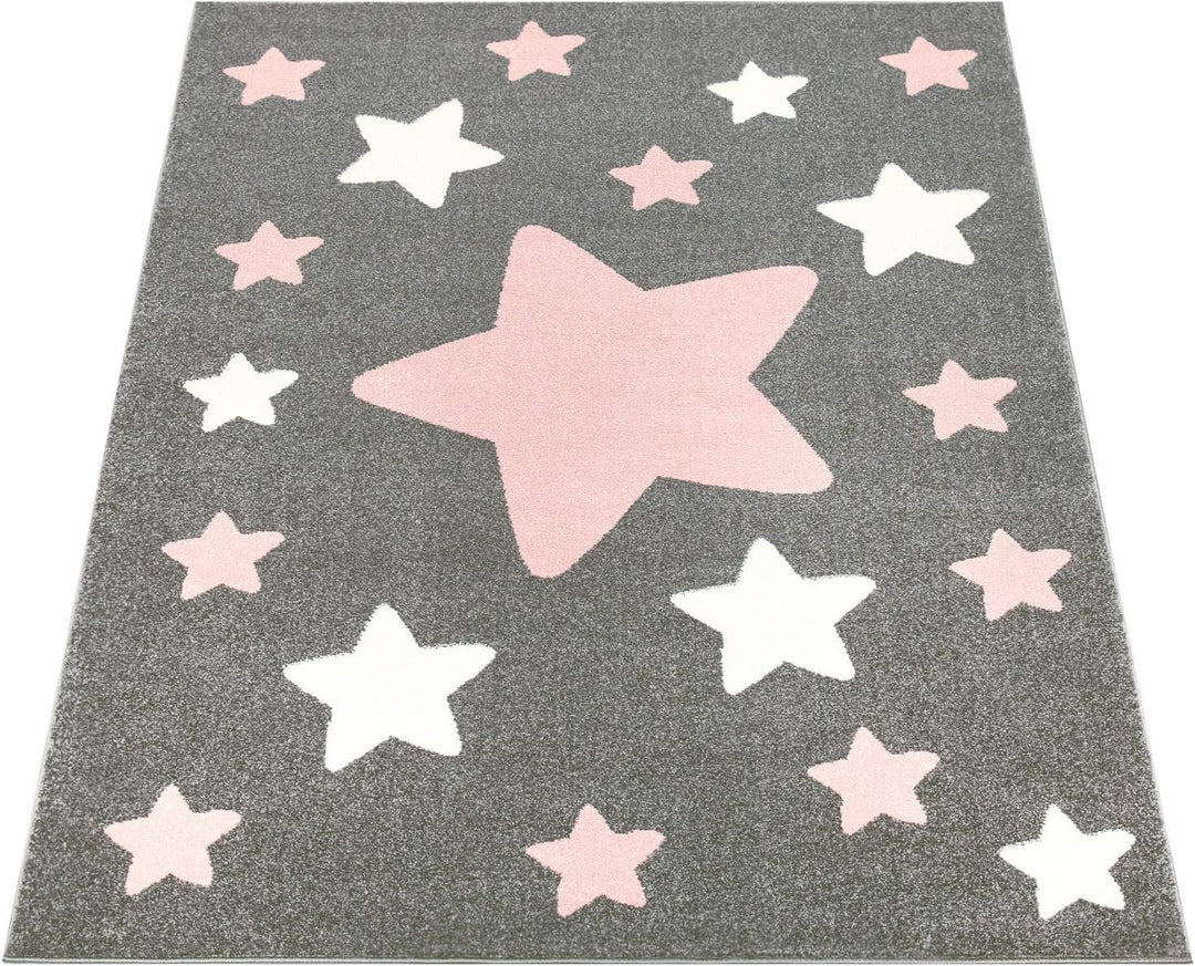 Paco Home Teppich Kinderzimmer Kinderteppich Grosse Und Kleine Sterne In Grau Rosa, Grösse:Ø 160 cm