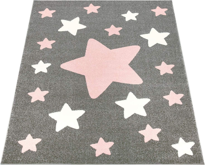 Paco Home Teppich Kinderzimmer Kinderteppich Grosse Und Kleine Sterne In Grau Rosa, Grösse:Ø 160 cm