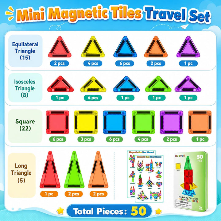 50 PCS Magnetfliesen, 3D Magnetische Bausteine Kit, STEM Reise Magnetfliesen für Kinder mit Eisen Ca