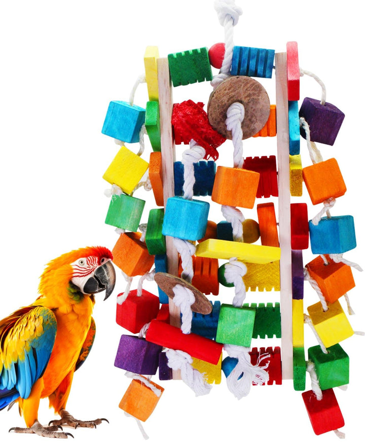 MQUPIN Grosser Vogel Papagei Spielzeug, Bunte Holzblock Kauen Papagei Spielzeug in verschiedenen For