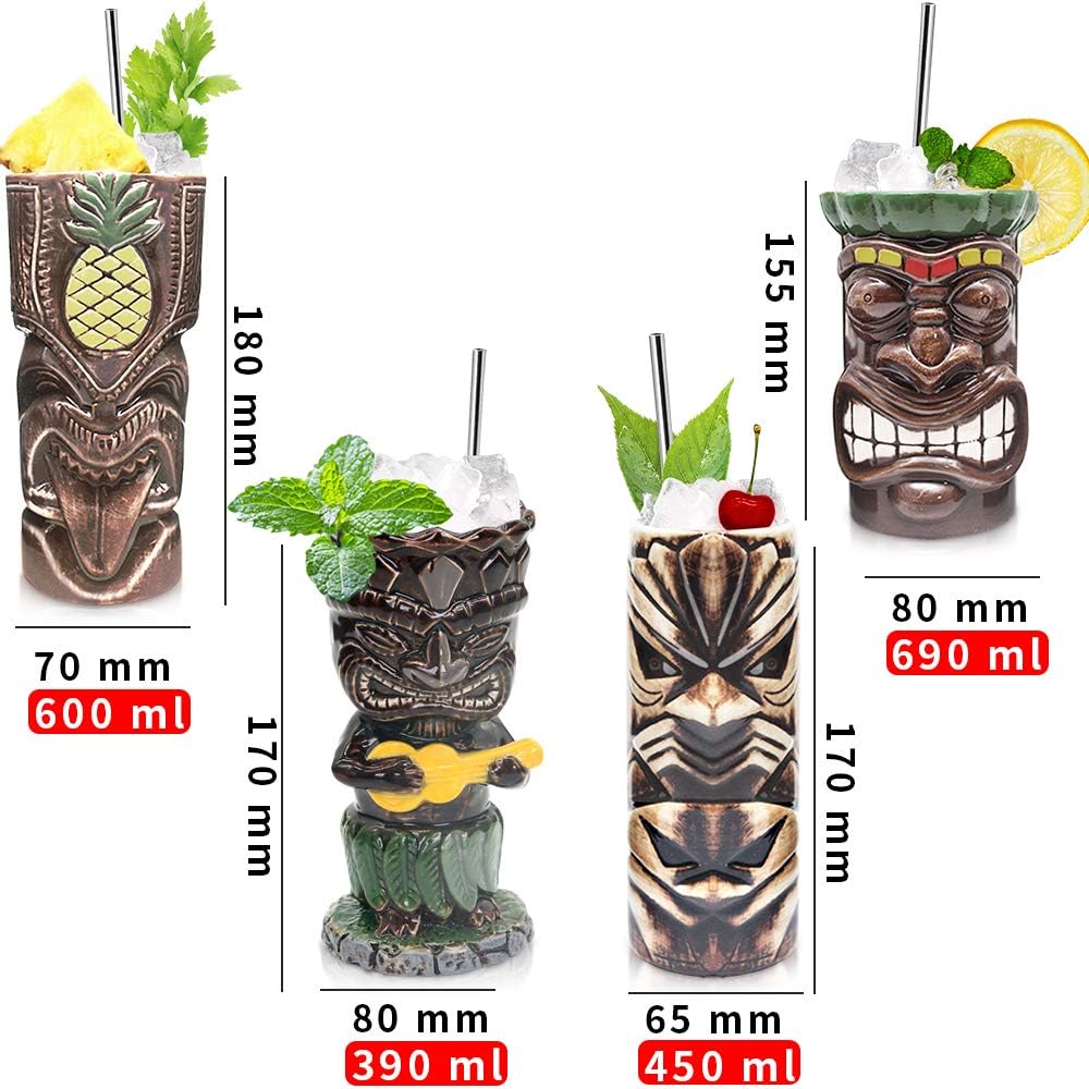 Tiki-Tassen-Set, Hawaii-Party-Becher aus Keramik, für Cocktails, hochwertiges Tassen-Set mit 4 Tasse