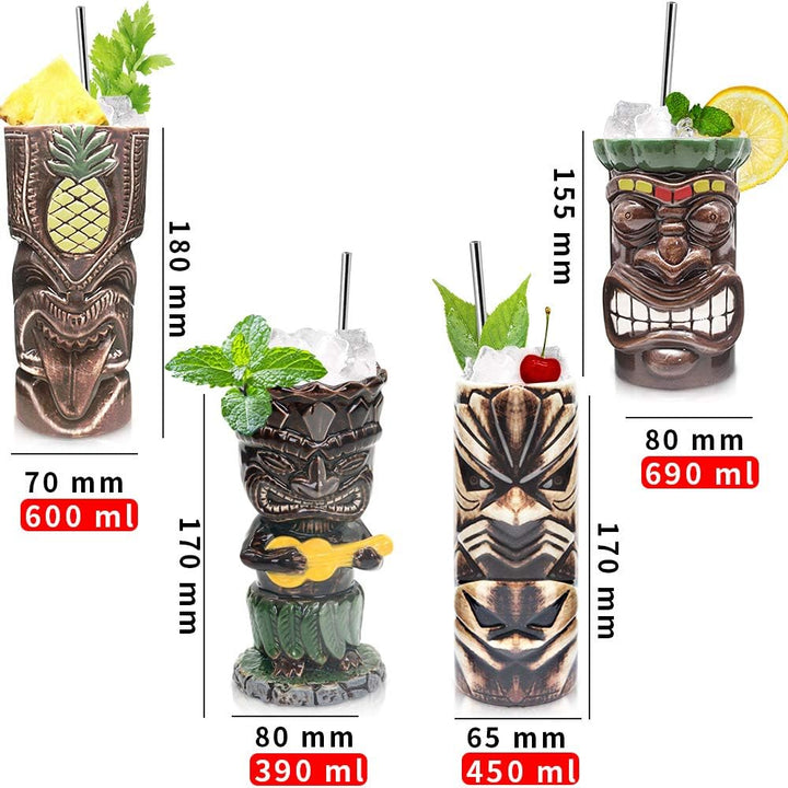 Tiki-Tassen-Set, Hawaii-Party-Becher aus Keramik, für Cocktails, hochwertiges Tassen-Set mit 4 Tasse