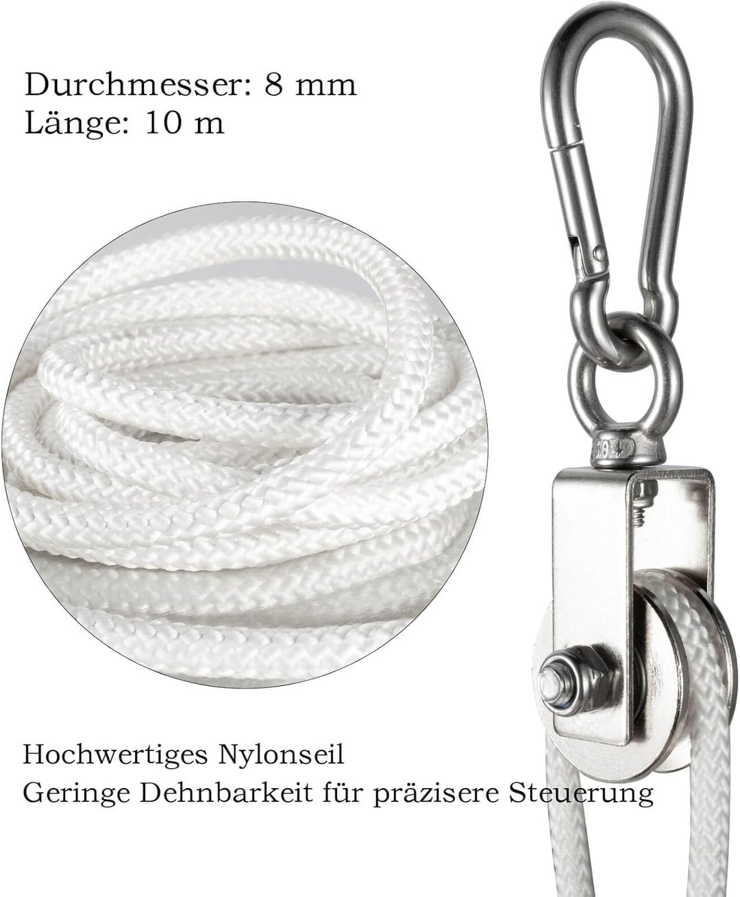 40mm Umlenkrolle mit 2 Kugellager, Edelstahl Fitness flaschenzug mit 10m Nylon Seile und Clip，Umlenk