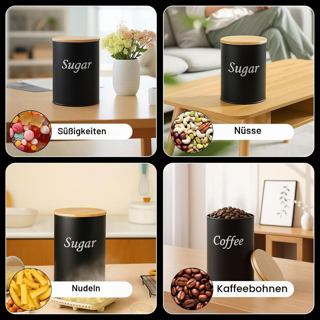 2 Stück Kaffeedose luftdicht, schwarz Kaffeepads Aufbewahrung, mit Holzdeckel, Löffel, 500ml, für Ka