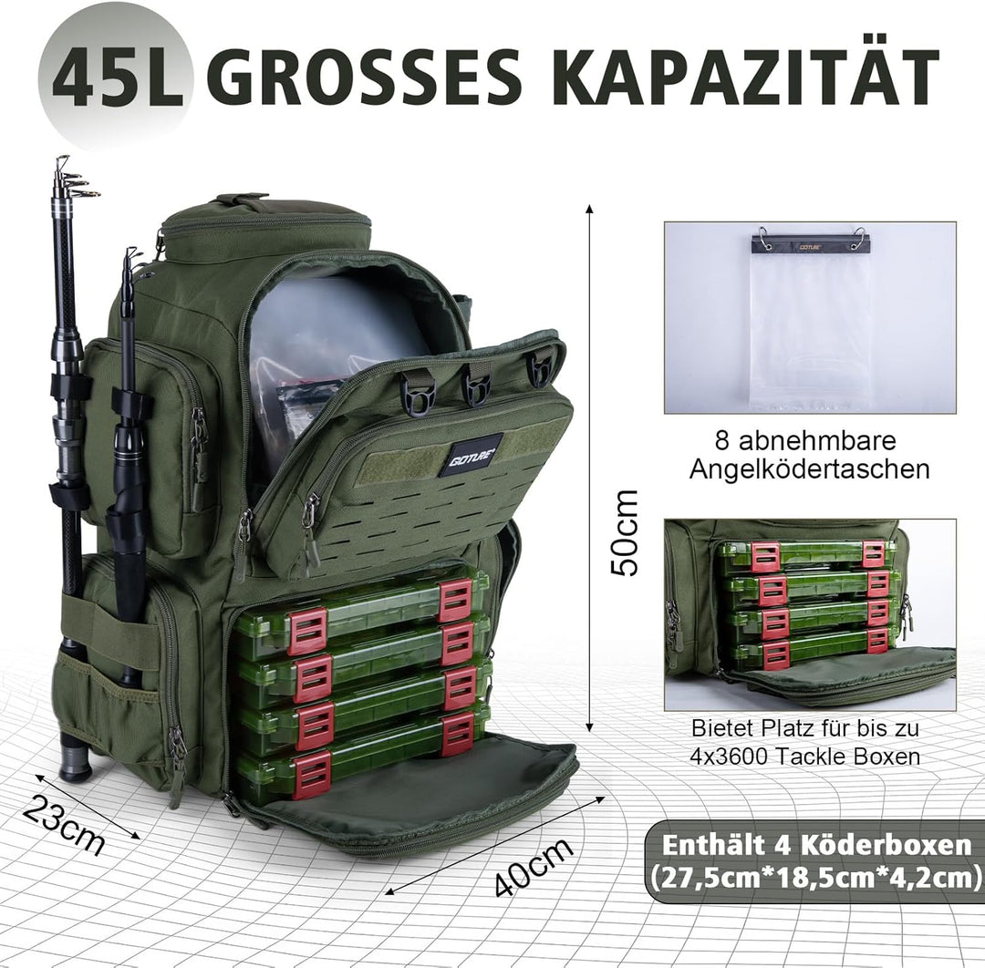 Goture Angelrucksack mit 4 Köderbox Angeln, 45-Liter Angelzubehör-Rucksack mit Zwei Rutenhaltern und
