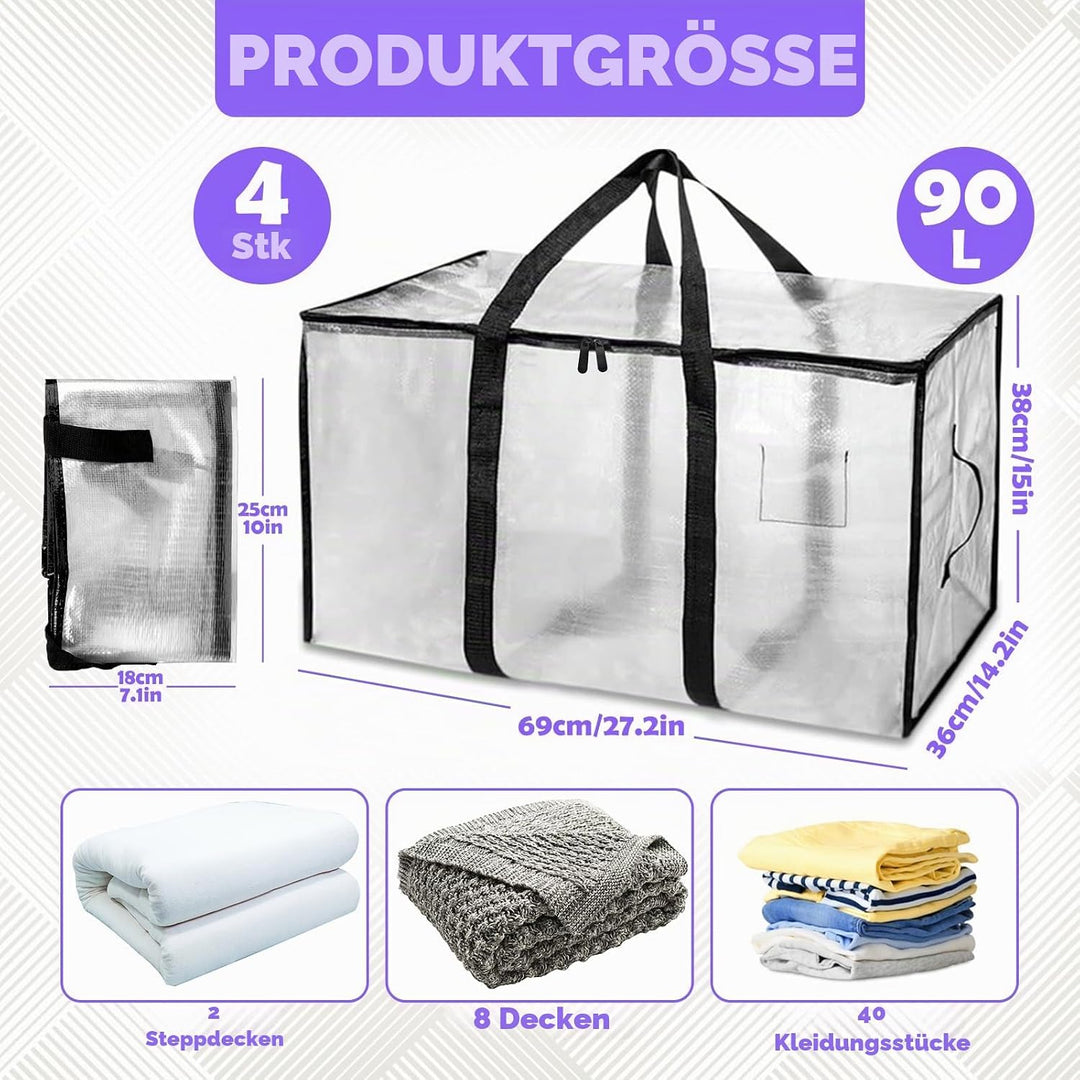4 Stück 90L Grosse Aufbewahrungstasche mit Deckel, Transparente Umzugskartons Kleiderbox Plastiktasc