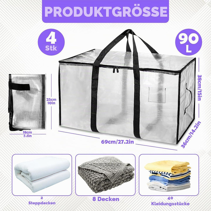 4 Stück 90L Grosse Aufbewahrungstasche mit Deckel, Transparente Umzugskartons Kleiderbox Plastiktasc