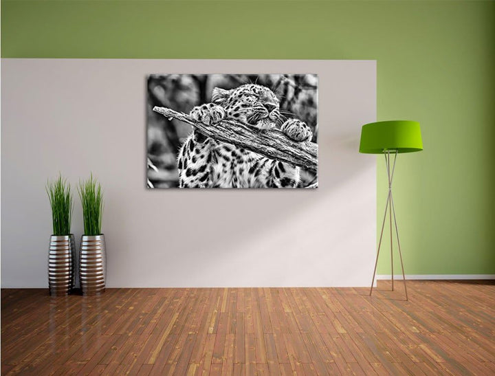 Pixxprint verspielter Leopard / 100x70cm Leinwandbild bespannt auf Holzrahmen/Wandbild Kunstdruck De