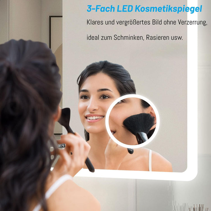 Badspiegel mit Bluetooth 80×60cm Uhr Schminkspeigel Kalt/Neutral/Warmweiss dimmbar Touch/Wandschalte
