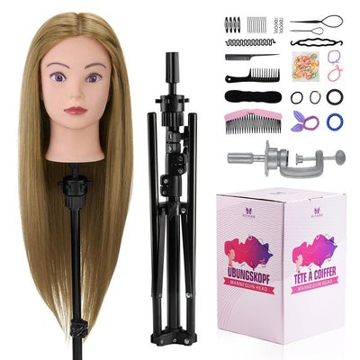 Frisierkopf mit Übungskopf ständer,71cm 60% Frisierkopf Echthaar,Puppenkopf zum Frisieren,Trainingsk