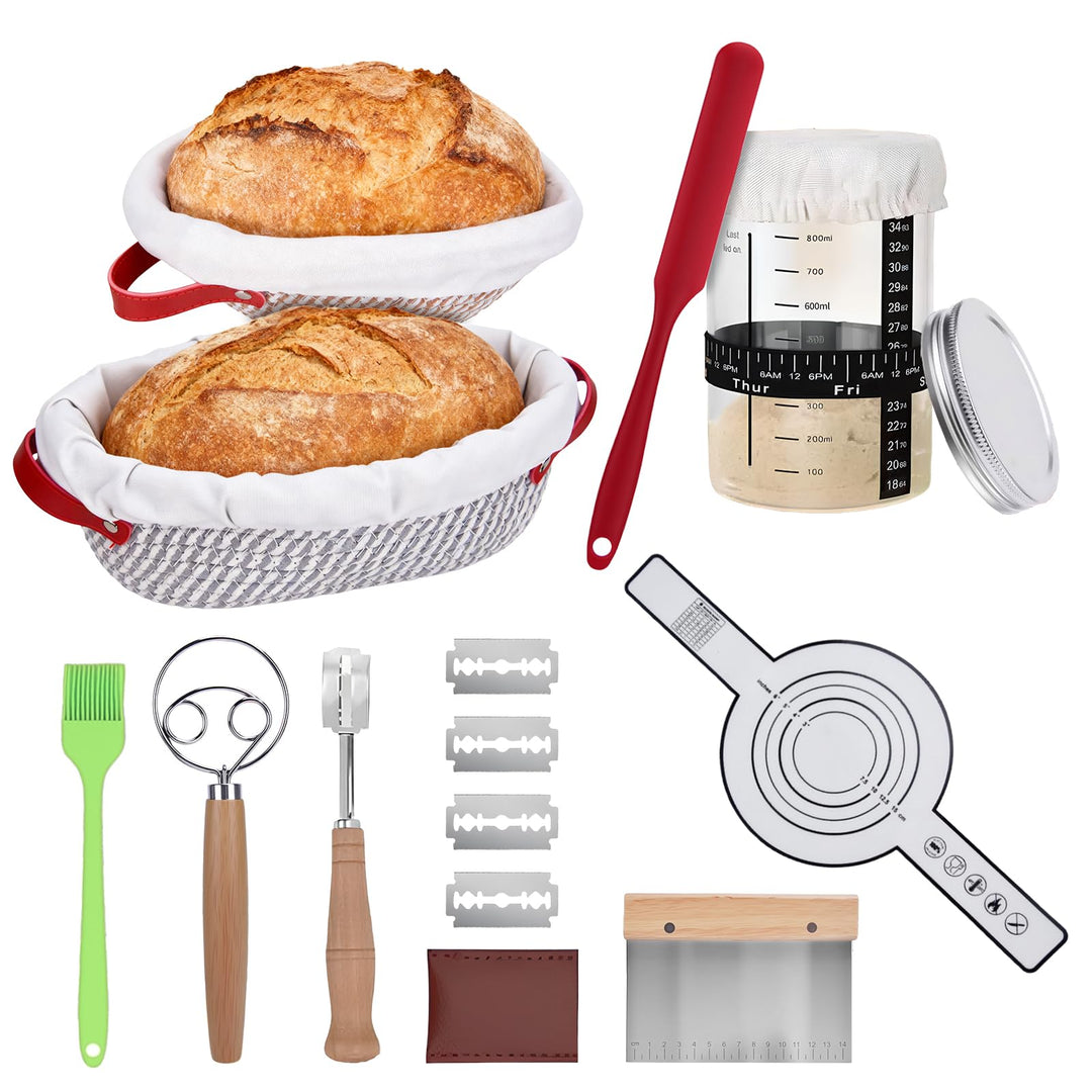 Sauerteig Starter Set 11-Teilig, 2 Gärkörbchen und Brot Backen Zubehör, Rund und Oval Brotkorb Zum B