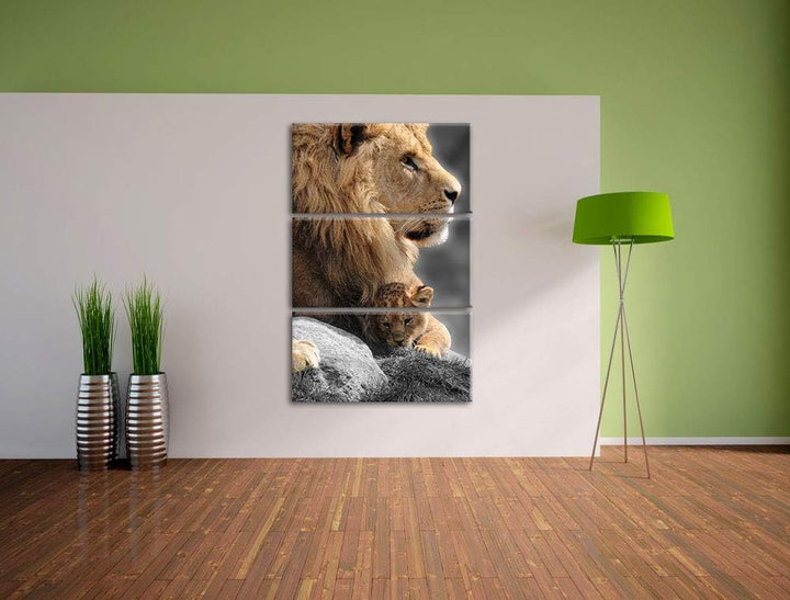 Löwe beschützt sein Löwenbaby schwarz/weiss 3-Teiler Leinwandbild 120x80 Bild auf Leinwand, XXL ries
