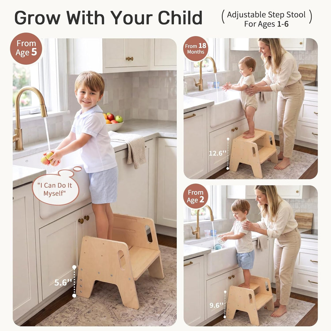 WINGYZ Tritthocker Kinder 2 Stufen aus Holz Zweistufiger Hocker mit 3 verstellbaren Höhen, 2 Griffen