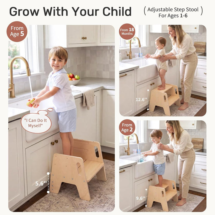 WINGYZ Tritthocker Kinder 2 Stufen aus Holz Zweistufiger Hocker mit 3 verstellbaren Höhen, 2 Griffen