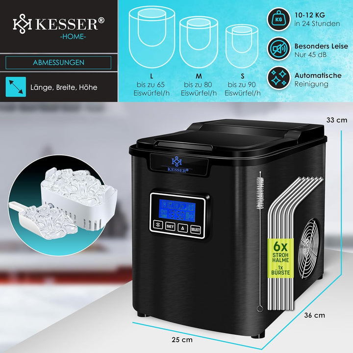 KESSER® Eiswürfelbereiter | Eiswürfelmaschine Edelstahl | 150W Ice Maker | 12 kg 24 h | 3 Würfelgrös