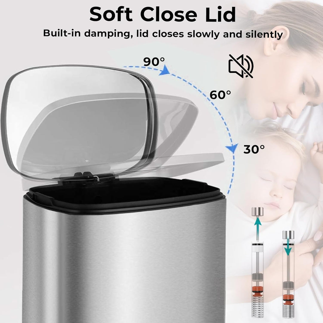 LIFERUN Mülleimer 50l aus Edelstahl, Abfalleimer mit Deckel, Soft-Close Tretmülleimer, Grosser Trete