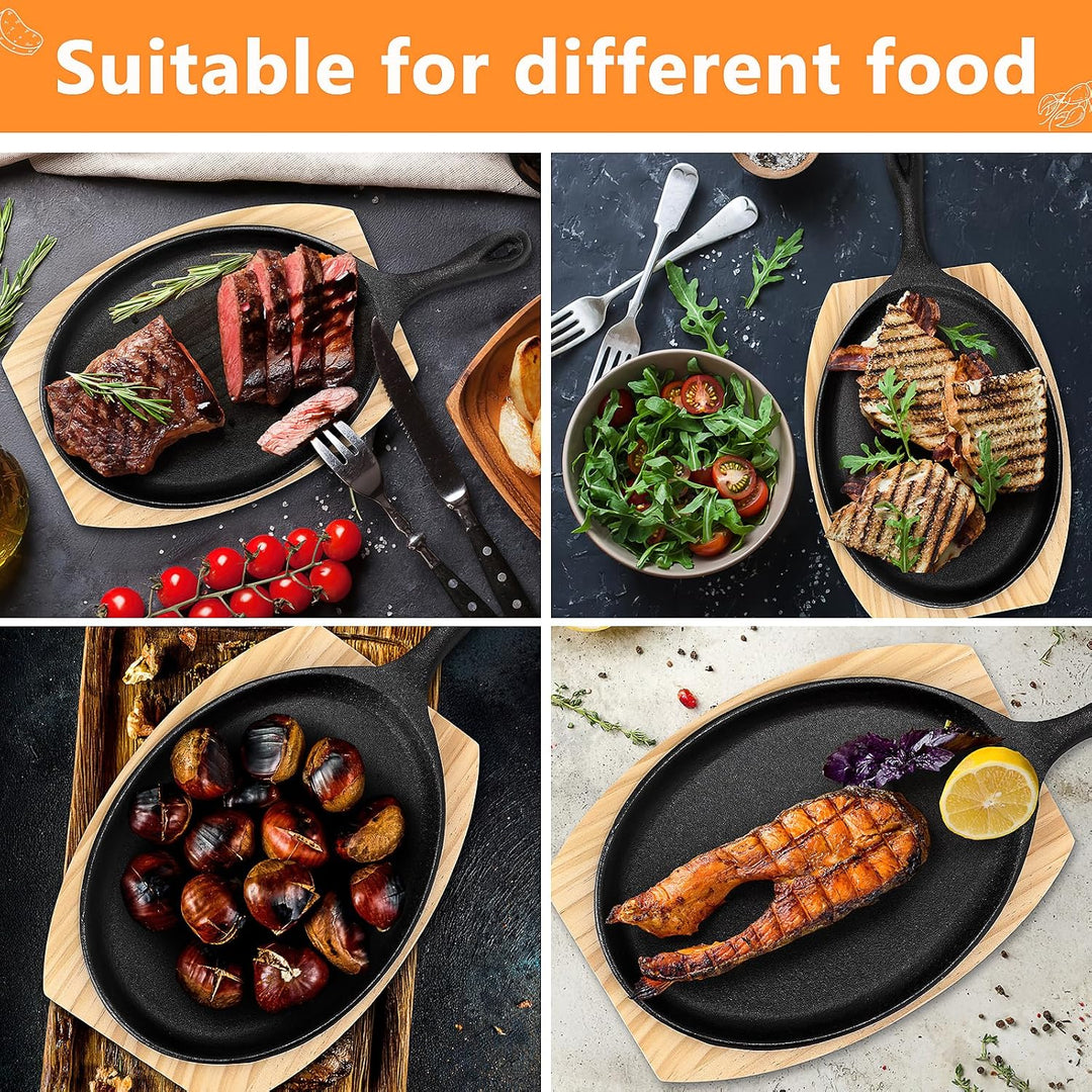 4er Set Servierpfannen Set aus Gusseisen, 37cm Ovale Grillpfanne Gusseisen mit Holzuntersetzern und