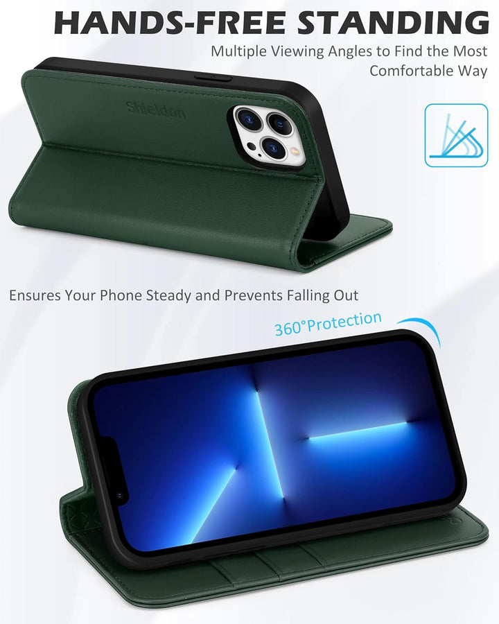 SHIELDON Hülle für iPhone 13 Pro Max Lederhülle [Echtleder] [RFID-Sperre] [Kartenfach] [Magnet] TPU