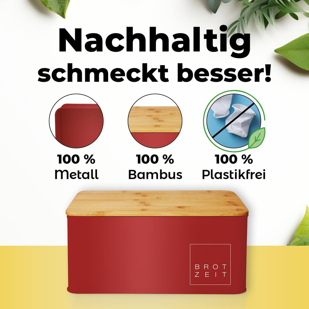 Lumaland Cuisine Brotkasten | Brotdose aus Metall mit Bambus Deckel | Brotbox rechteckig 30,5 x 23,5