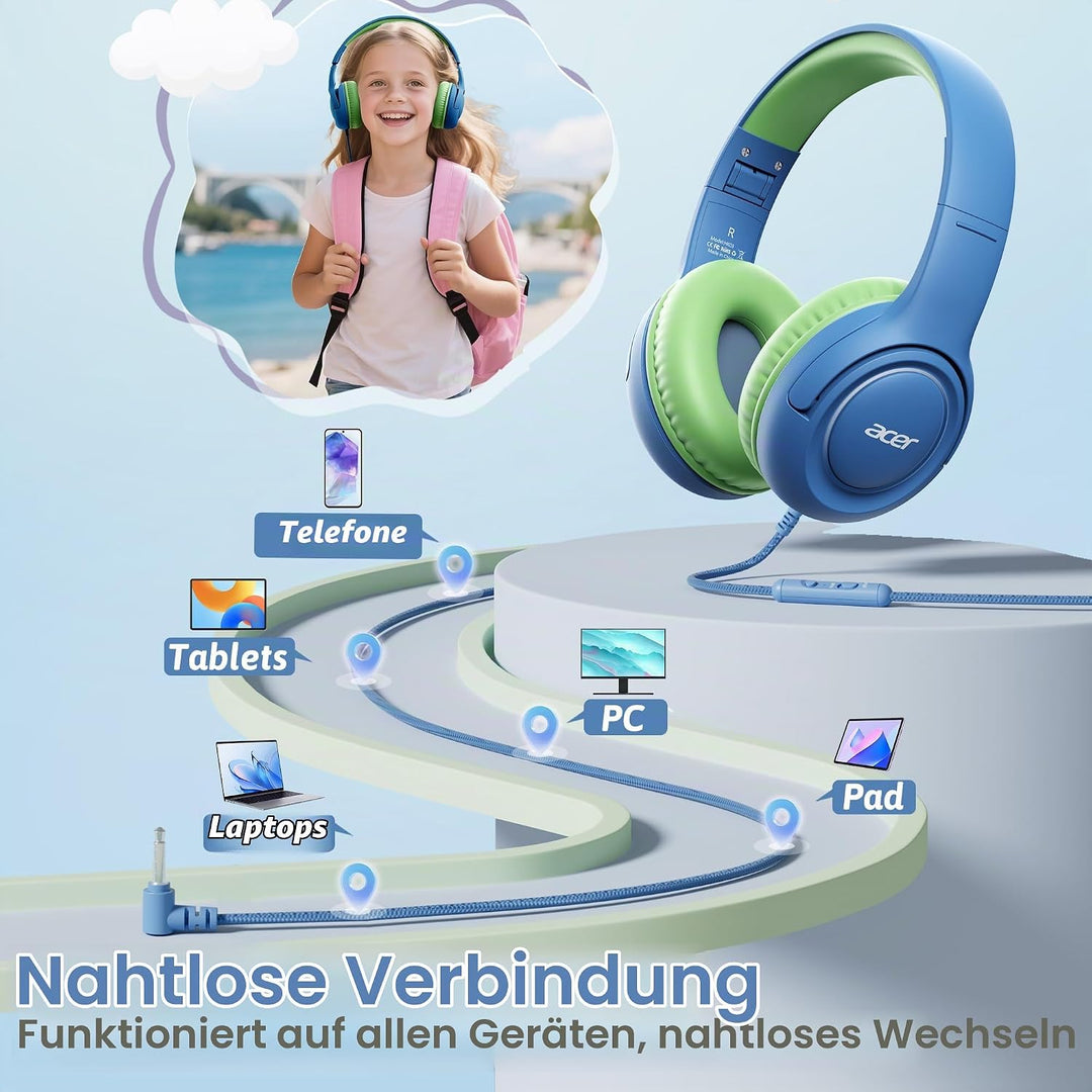 Acer Kopfhörer Kinder mit 3,5 mm Kabel, 85/94dB Lautstärkebegrenzung Blau Grün, Blau Grün