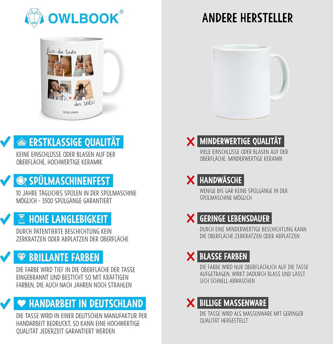 OWLBOOK® Tasse Beste Mama mit 4 Fotos & Spruch selbst gestalten | Fototasse mit eigenem Bild & Text