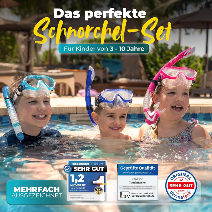 KIDVERSE Taucherbrille Kinder mit Schnorchel ab 5 Jahre - CE & Dermatest geprüfte Taucherbrille mit