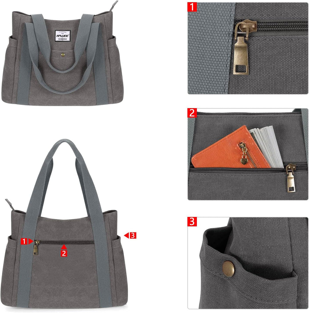 HAWEE Canvas Damen Handtasche Shopper Tote Bag Grosse Schultertasche mit Reissverschluss Umhängetasc