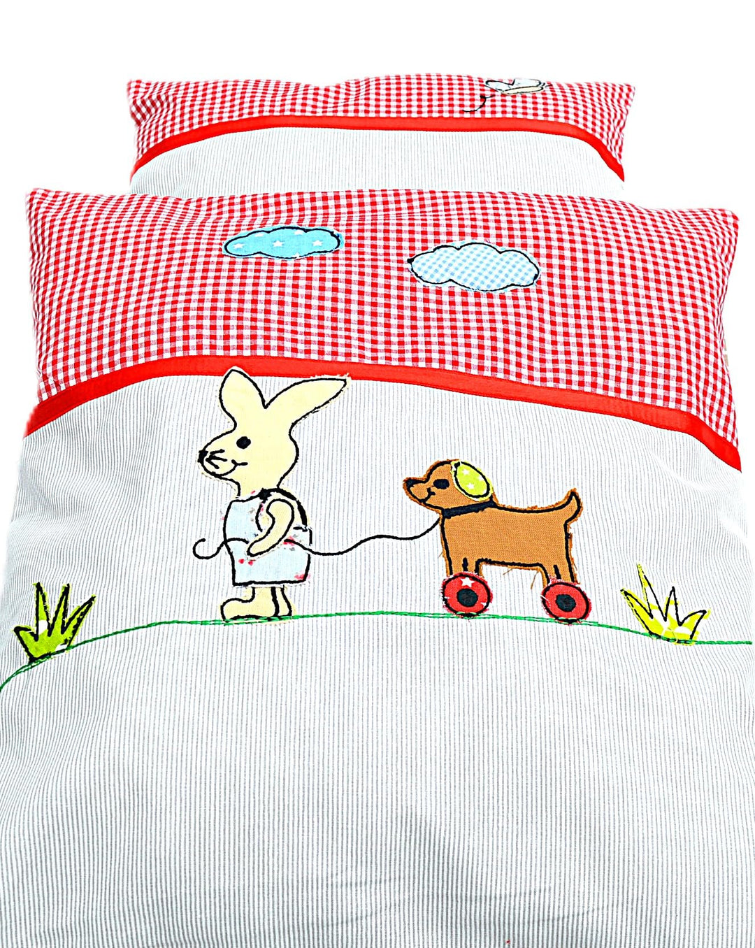 Puppenbettwäsche 2-TLG. -Kissenset Hasenkind, Set mit Kaninchen-Stickbild Hase mit Hund, Hase mit Hu