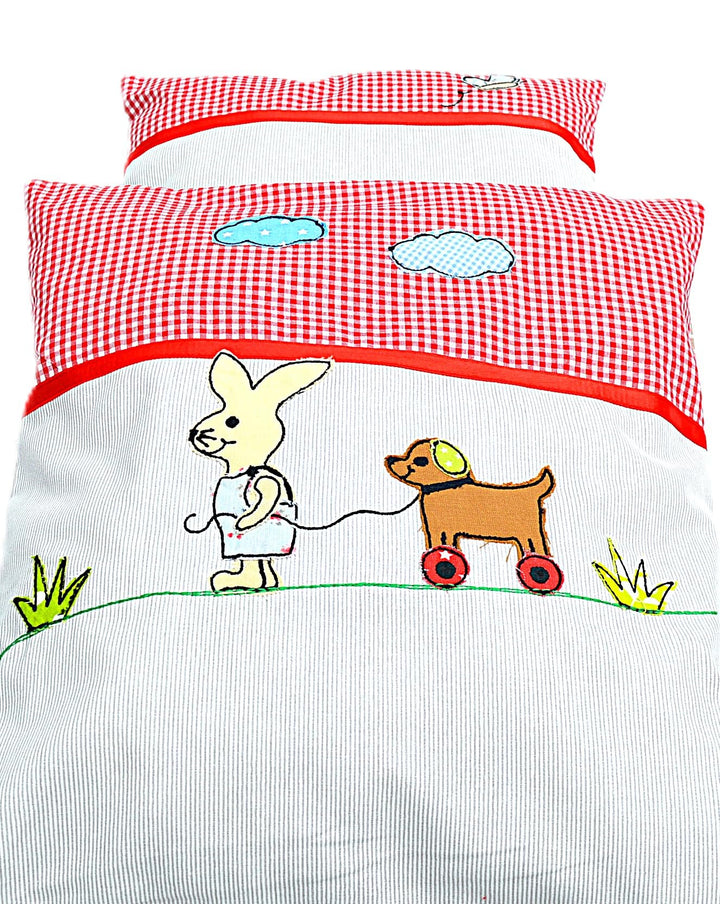 Puppenbettwäsche 2-TLG. -Kissenset Hasenkind, Set mit Kaninchen-Stickbild Hase mit Hund, Hase mit Hu