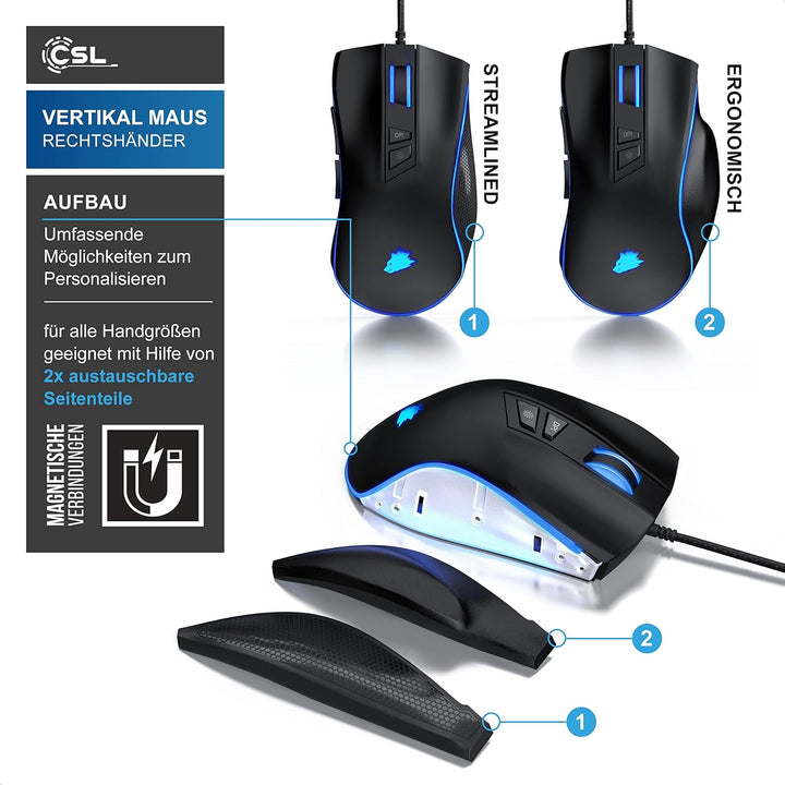 CSL-Computer TITANWOLF - Gaming Maus 12400 DPI mit RGB Beleuchtung, 8 programmierbare Tasten, Ergono