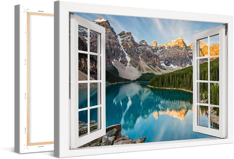 PICANOVA – Bild auf Leinwand Bergsee Moraine Fenster 120x80cm Leinwandbild – Premium Leinwanddruck –