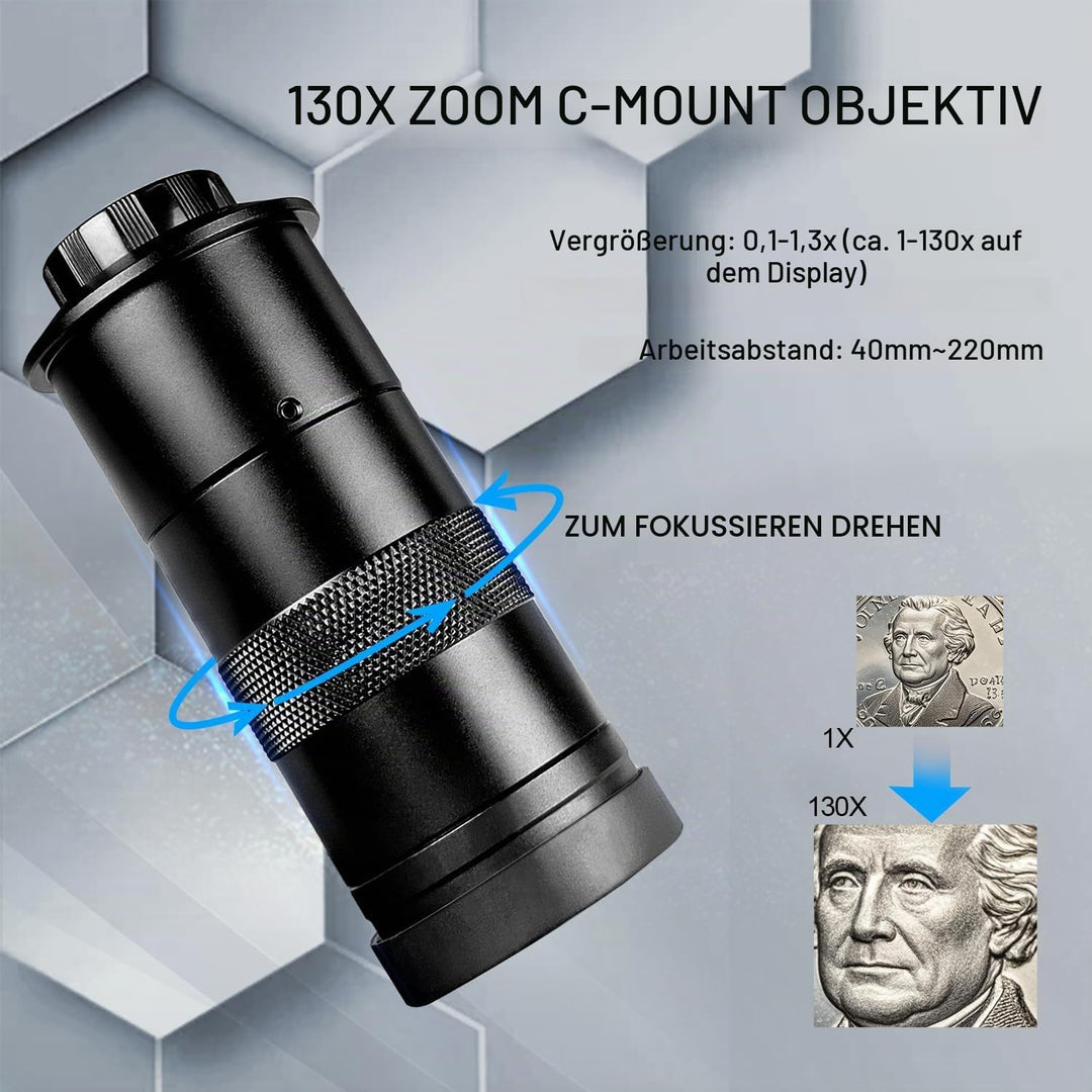Digital Mikroskop, 13MP 1080P Industrie Mikroskop mit Metallfuss, HDMI/VGA, 130X HD Objektiv, 56 Ein